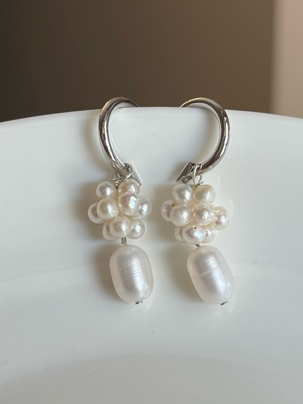 Freshwater Pearl Cluster Drop Earrings - White